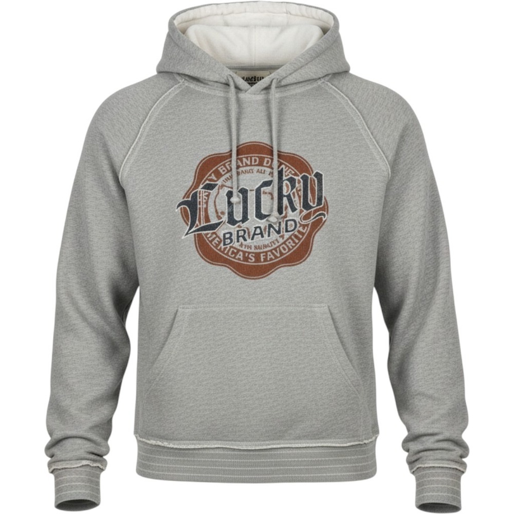 Lucky Brand Mens Vintage Inspired Graphic Hoodie Gray Thermal Lined Medium